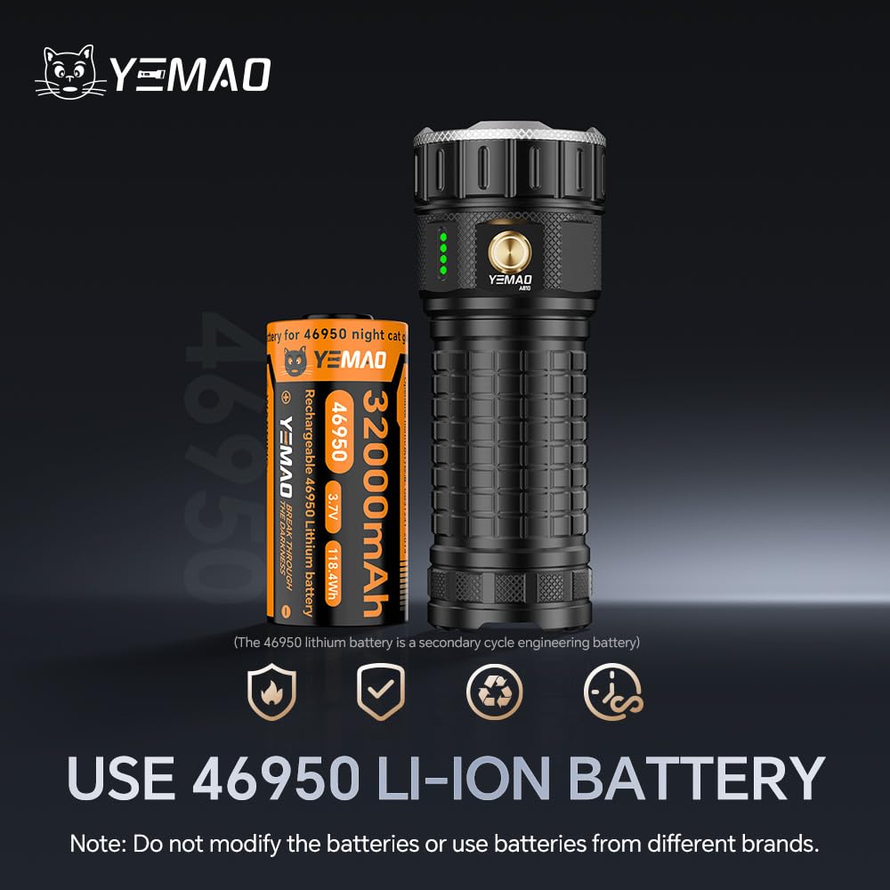 Yemao Rechargeable Flashlights 11800 High Lumens, Brightest Flashlight, Super Bright LED Flashlight Type C Charged, 5 Modes Long Lasting 60 Hours, for Emergencies, Camping, Outdoor, Caving