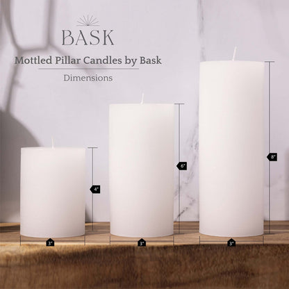 BASK Mottled Pillar Candles - Unscented White Pillar Candles Set of 3 - Dripless, Smokeless for All Occasions