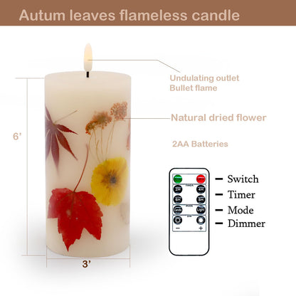 Fall Flameless Candles with Real Maple Leaf & Marigold Embedded Pillar Candles Battery Operated with Remote (3" × 6") - Straight Edge, Real Wax, Unscented - Ideal for Thanksgiving Decorations