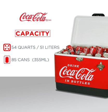 Coca-Cola Ice Chest Cooler - Portable Ice Bucket with Bottle Opener, Vintage Style, Insulated for Camping, Beach, Picnic, RV, BBQs, Tailgating, Fishing, Stainless Steel 85 Can Ice Box, 51L (54 qt)