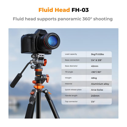 K&F CONCEPT 90''/230cm Overhead Camera Tripod, Horizontal Shooting Video Tripods with Fluid Head Heavy Duty, Detachable Monopod, for Indoor and Outdoor Use T254A7+FH-03