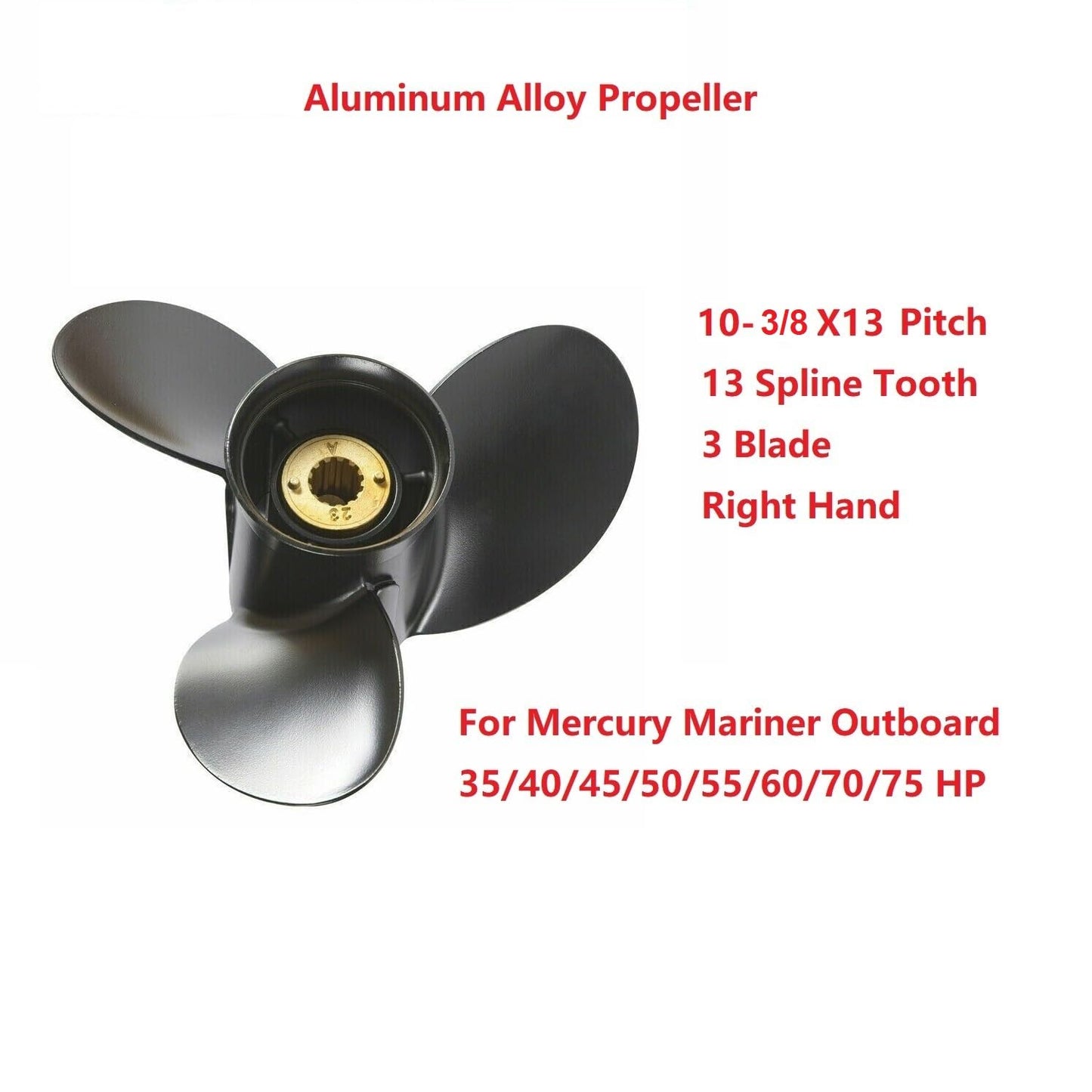 MARKGOO Propeller 10 3/8 X 13 Pitch RH 13 Spline Tooth for Mercury Mariner Outboard 25 30 35 40 45 50 55 60 70 HP Boat Motor Engine Parts Aluminum Prop with Hub Nut Kit 48-73136A45