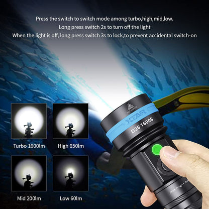 XTAR D26 1600 Lumen Scuba Diving Flashlight Dive Torch Underwater 100 Meters Submarine Lights for Under Water Deep Sea Cave at Night (Full Set)