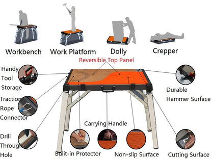 WINTOOLS 4-in-1 Multi-Function Portable Folding Workbench/Scaffold Platform/Creeper Carrier/Hand Truck