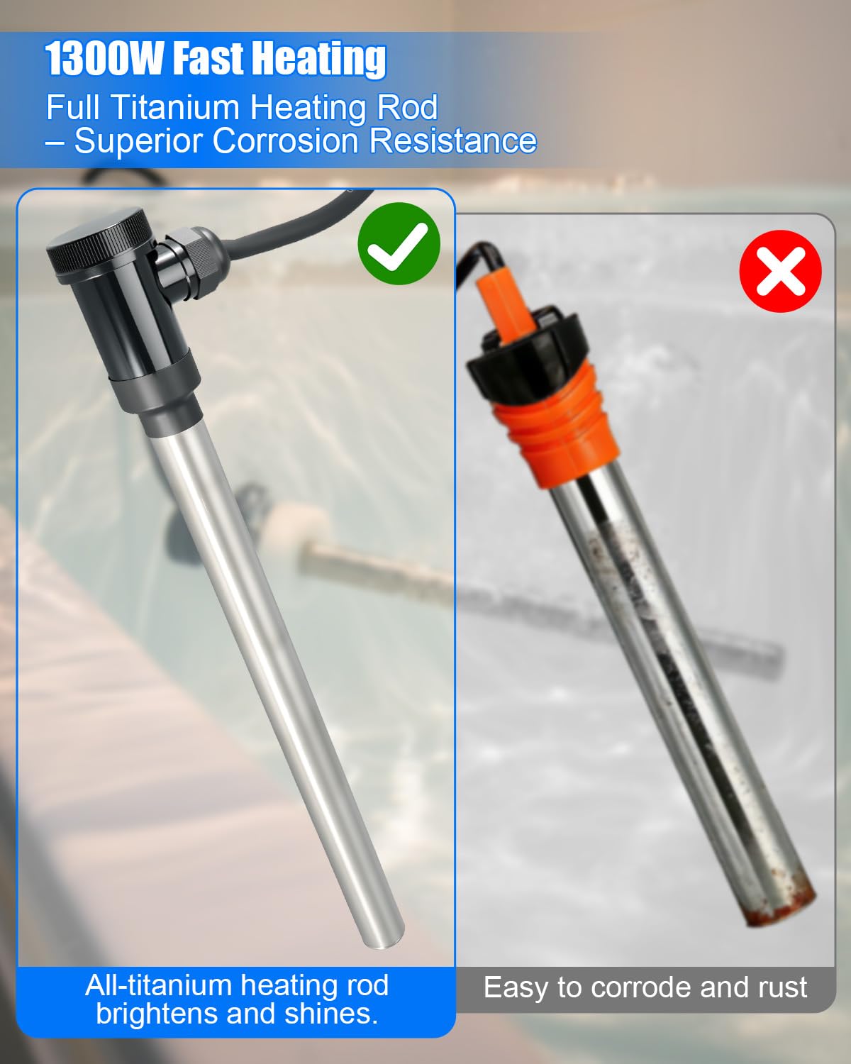 Submersible Portable Hot Tub Heater 1300W, Titanium Immersion Water Heater with Smart Thermostat, IOT Remote Control, Fast Heating for Hot Tubs,Spa Tubs, baptismal, Inflatable Pools & Above Ground
