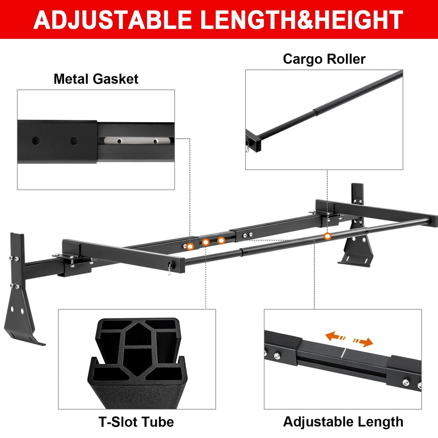 LMYYGOO Universal Van Ladder Rack with Rear Roller, Adjustable 57"-65" with Ladder Stoppers for Chevy Express 1500 2500 3500 Ford Econoline GMC Savana Full-Size, Fits Rain Gutter Vans, 800LB Capacity