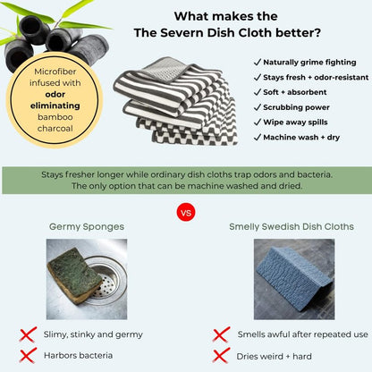 Severn Dish Cloths for Washing Dishes 4pk. Odor-Resistant Dish Rags with Non-Scratch Wire Scrubber Side for Kitchen Cleaning. Grime-Fighting Bamboo-Charcoal Microfiber 2-Sided Dishrags. Machine Wash
