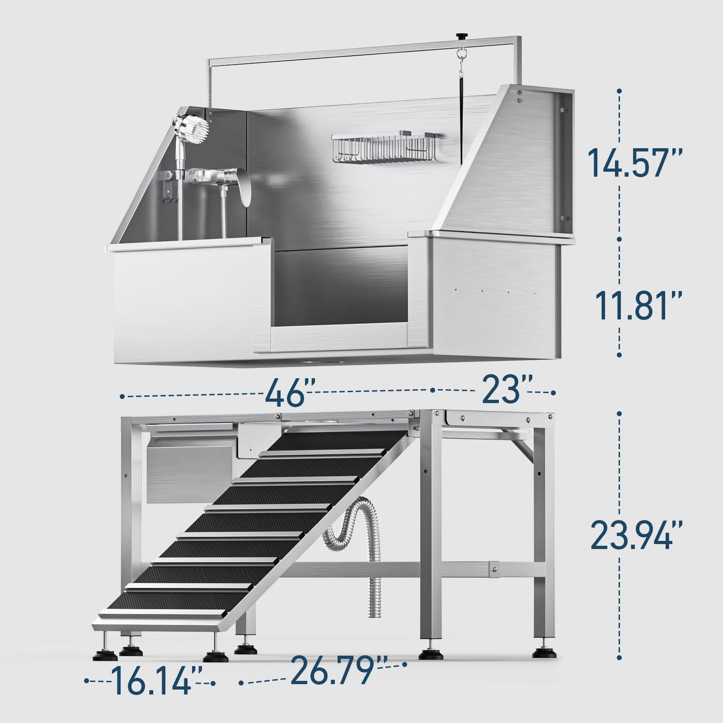 46" Heavy Duty Dog Washing Station - 304 Stainless Steel Pet Bathing Tub with Right Side Ramp, Elevated Grooming Sink with Storage Drawer & Removable Floor Grate, Outdoor Ready for Large & Medium Dogs