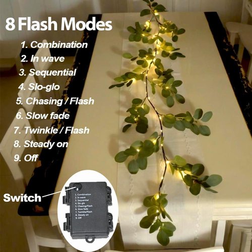 Eucalyptus Garland with Lights - 6.56FT, 96 LEDs, 8 Modes, Battery Operated | Spring Greenery Decor