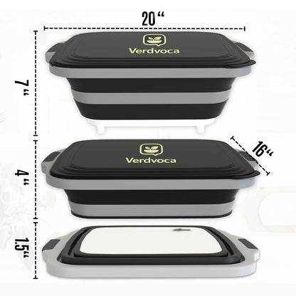 Verdvoca 2Pcs XXL & 1x 16L Collapsible BBQ Prep Tubs/Cutting Board with Lids for Fruit Prep & Washing, Meal Marinating and Food Storage (30L Orange +30L Black+16L Black)
