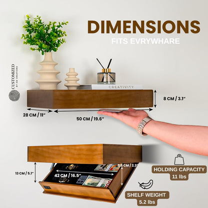 Concealment Shelf with RFID Lock - Concealed Gun Floating Shelf with Hidden Storage Compartment, Wooden Shelves for Wall Mount Display with Secret Drawer, Weapon Hiding Furniture Safe by AM Creations