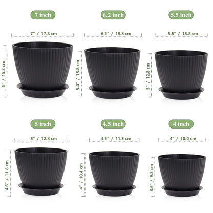 Meowell 7/6.2/5.5/5/4.5/4 inch Flower Pots, 6 Pack Plant Pots for Small Indoor Outdoor Plants, Plastic Planters with Drainage Holes and Saucers for Garden Succulent House Plants, Black