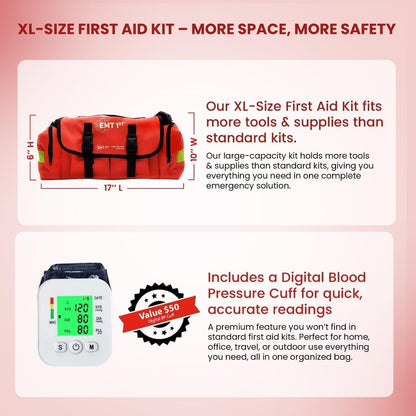 EMT 1st 362 Pcs Emergency Responder First Aid Kit with Digital BP Cuff & First Aid Guide Book - Emergency Bag with 40 Unique Items -Large First Aid Kit for Car, Travel, Home, Hiking, Camping & Outdoor