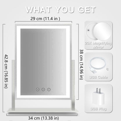 HIEEY Lighted Makeup Mirror, Hollywood Vanity Mirror with Lights, Three Color Lighting Modes, and 5X Magnification Mirror, Smart Touch Control, 360°Rotation (17.3in,White,Gift Box)