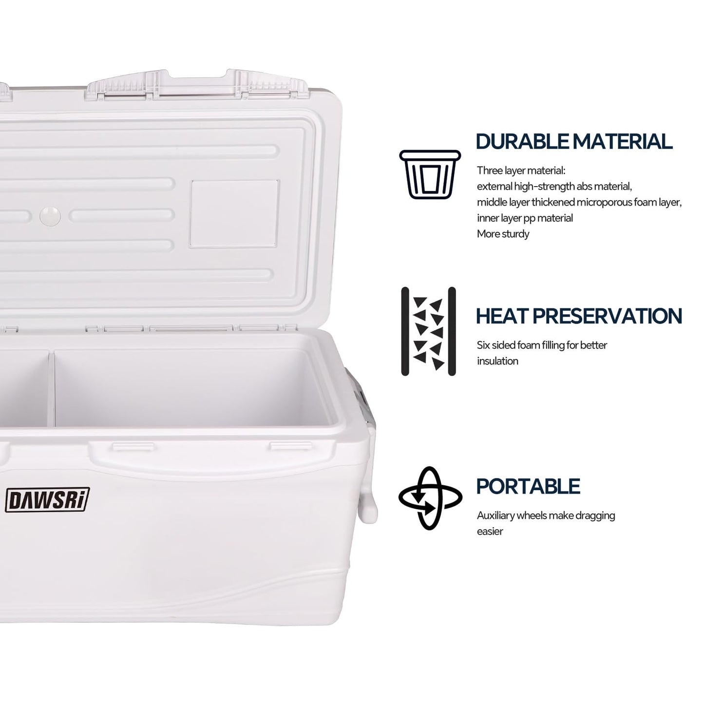 DAWSRi Icehouse Series Hard Cooler with Wheels Ice Retention Durable Insulated Portable Ice Chest Box Easy to Transport for Camping,Fishing,Boat,Travel,Tailgates,Picnics,Beach,Barbecue 42QT
