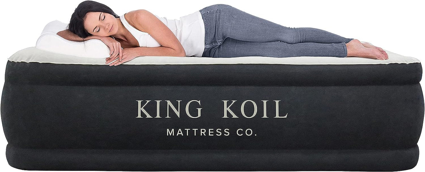 King Koil Luxury Pillow Top Plush Queen Air Mattress with High-Speed Built-in Pump, Blow Up Bed Top Side Flocking, Puncture Resistant, Double High Inflatable Airbed Guests & Travel 1-Year Warranty