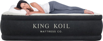 King Koil Luxury Pillow Top Plush Queen Air Mattress with High-Speed Built-in Pump, Blow Up Bed Top Side Flocking, Puncture Resistant, Double High Inflatable Airbed Guests & Travel 1-Year Warranty