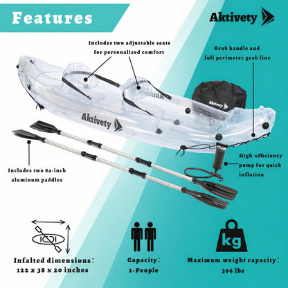 AKTIVETY - Clear Kayak - Transparent 2-Seater Inflatable Tandem for Two Adults - See-Through Style - Complete Set with Adjustable Seats, Pump, Paddles, Carry Bag & Tracking Fin
