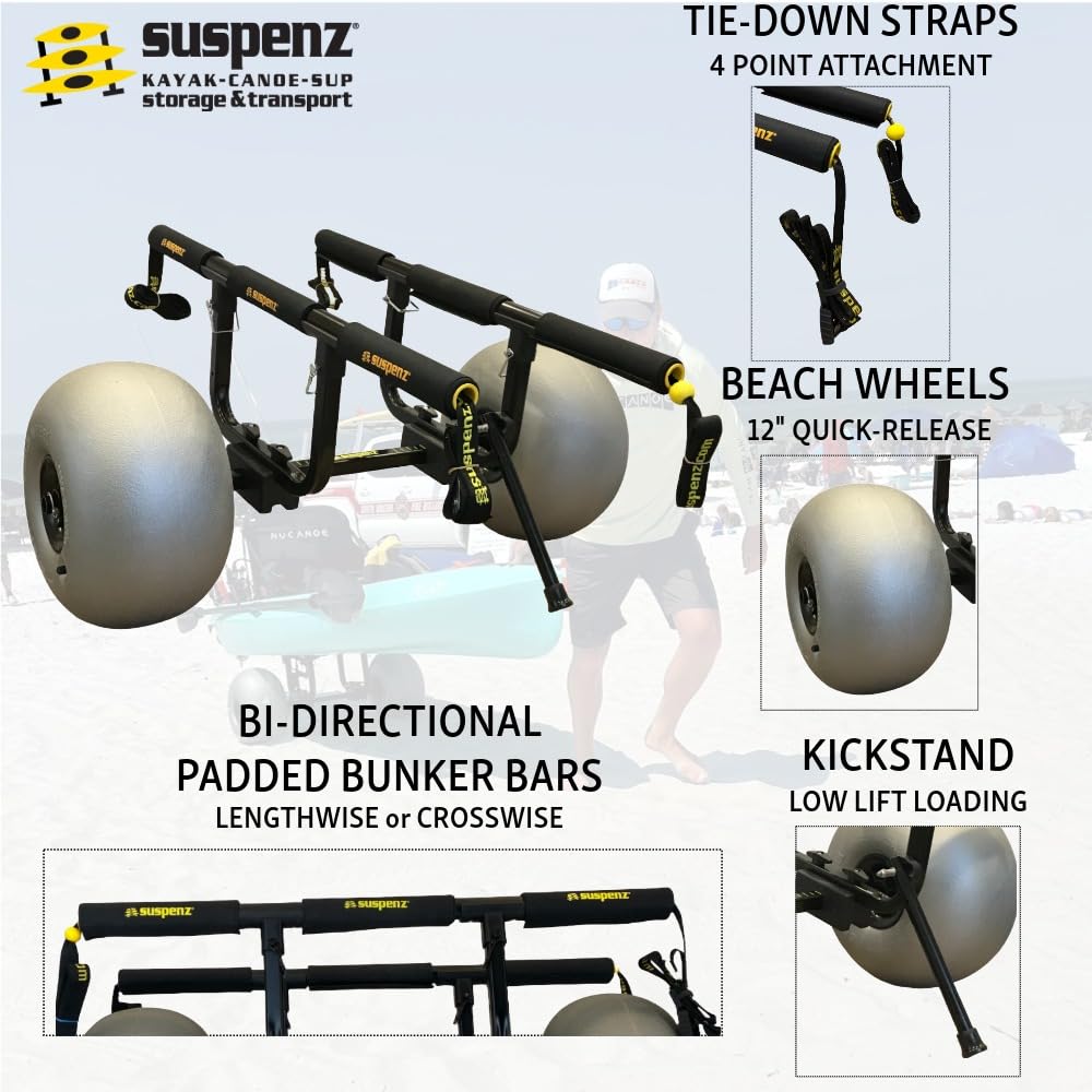 Suspenz Fishing Kayak Beach Sand Cart Trolley | Heavy Duty Canoe Carrier Trailer with Adjustable Bi-Directional Bunker Bars and Balloon Wheels | Catch-All Universal Beach Cart (22-9910)