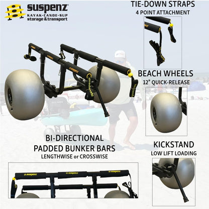 Suspenz Fishing Kayak Beach Sand Cart Trolley | Heavy Duty Canoe Carrier Trailer with Adjustable Bi-Directional Bunker Bars and Balloon Wheels | Catch-All Universal Beach Cart (22-9910)