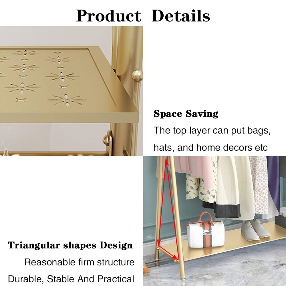 MAIKAILUN Clothes rack Gold, Freestanding Industrial Garment Rack with Double shelves Multi-functional Bedroom Hanging Clothing Rack,Heavy Duty Coat Rack Organizer for Bedroom Shoes 1 pack (39'' L)