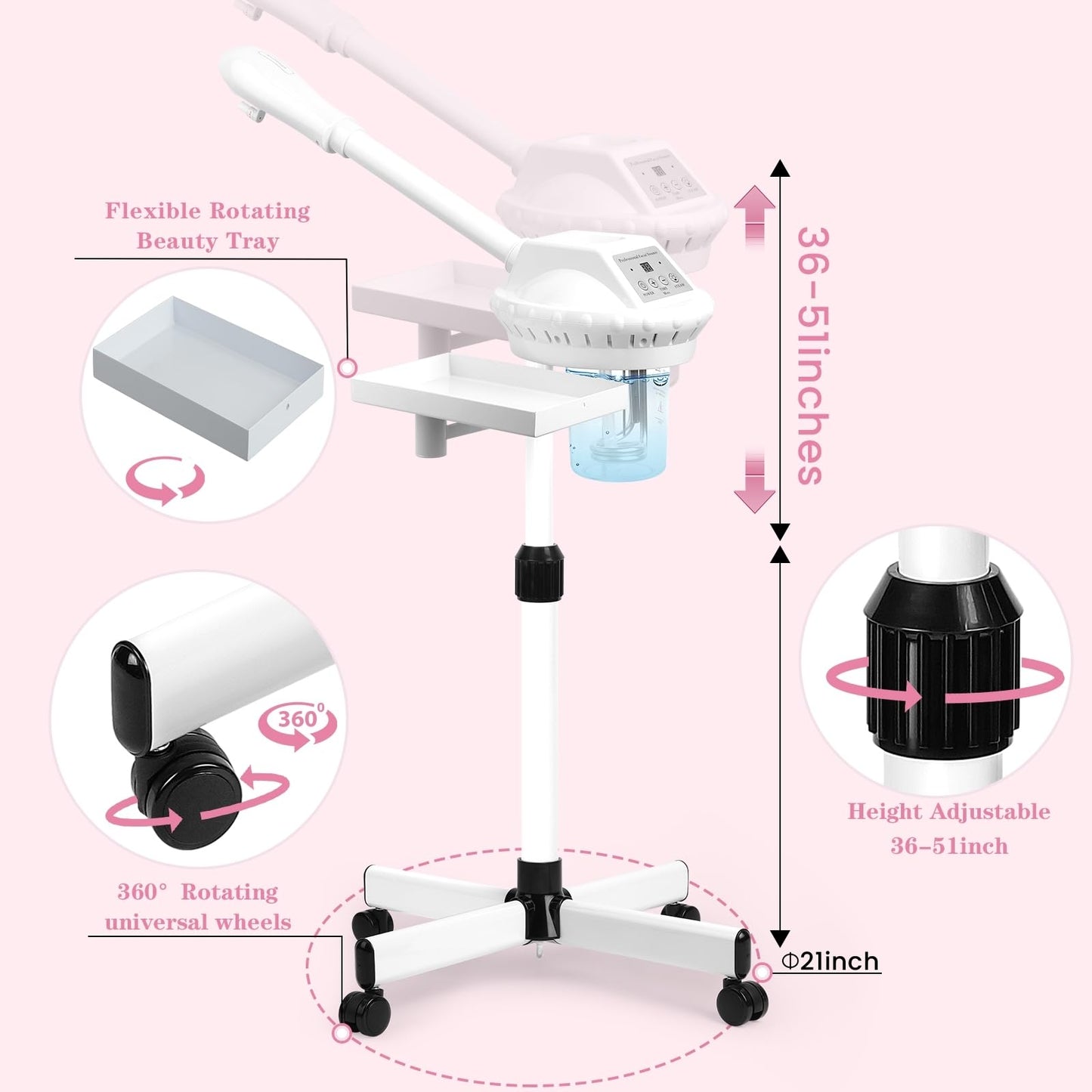 Professional Facial Steamer, 2In1 Face Steamer on Wheels for Facial Deep Cleaning, SPA Facial Steamer for Esthetician with 5X Magnifying Lamp, Stand Face Steamer with Time Setting, Pink