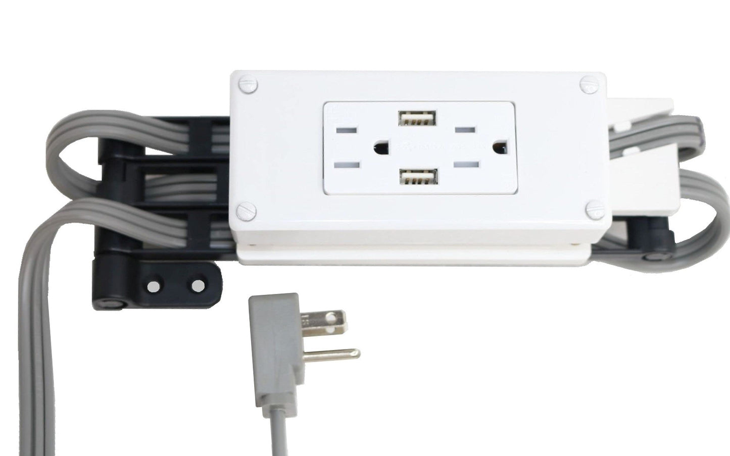 Compact in-Drawer Outlet with Cord Management Arm (2) USB-A Ports (2) 15 Amp Plugs fits Narrow and Shallow Drawers