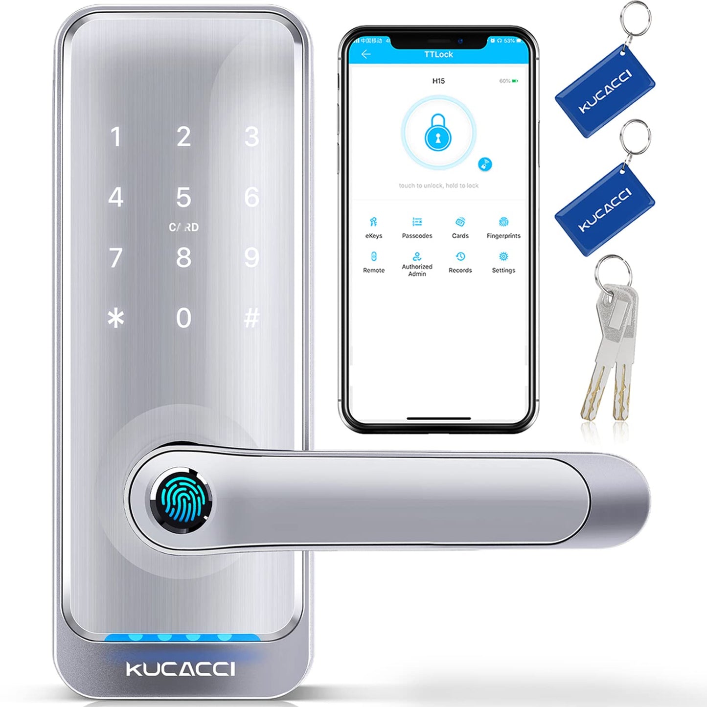 Smart Door Lock with Handle: Kucacci Keyless Entry Digital Door Lock for Front Door - Fingerprint Keypad Smart Dnob - Generate Passcode Remotely - App Control - Easy Installation(Black)