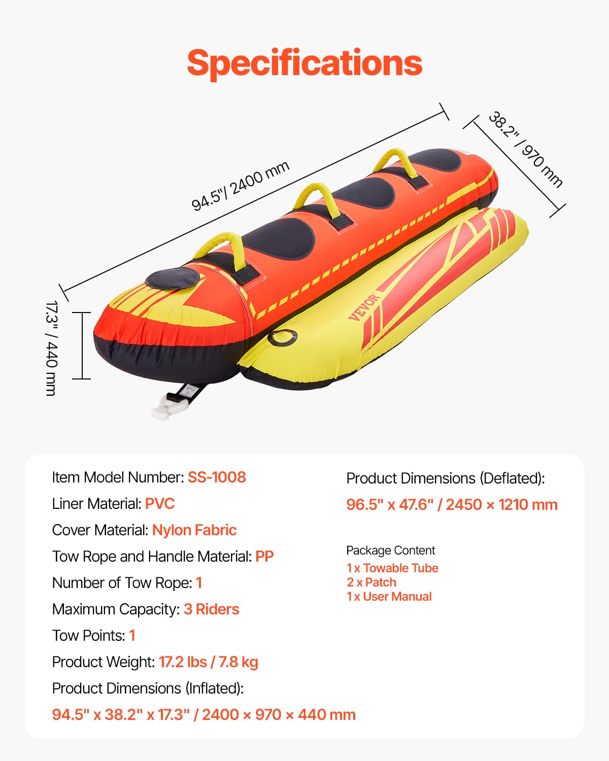 VEVOR Towable Tubes for Boating, 1-3 Riders Inflatable Boat Tubes and Towables, 510lbs Capacity Hot Dog Water Sport Tube for Boat to Pull - with Full Nylon Cover, Padded Handles & Speed Safety Valve