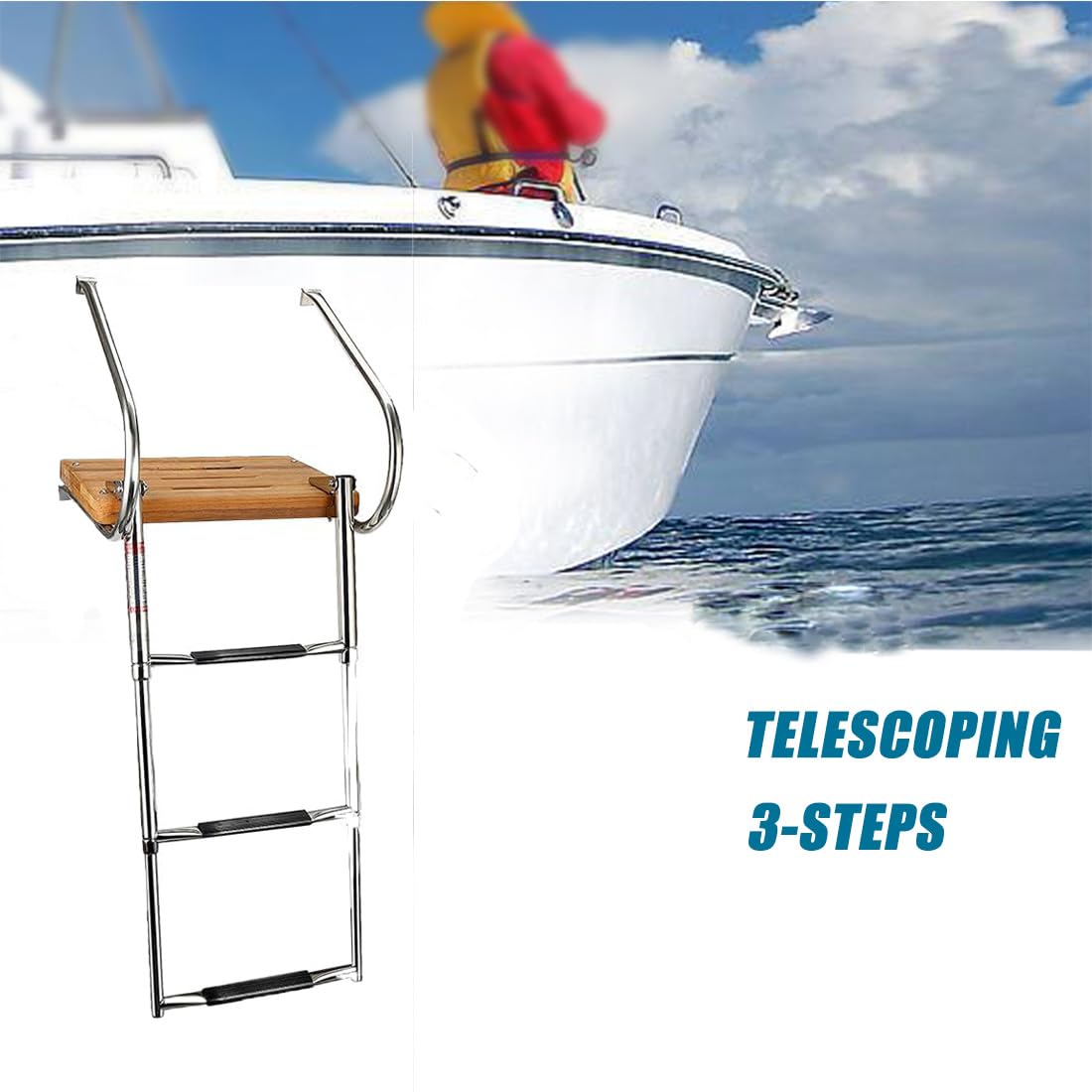 Telescoping 3-Step Swim Platform Ladder with Dual Handrails, Teak Stainless Steel Boat Boarding Ladder