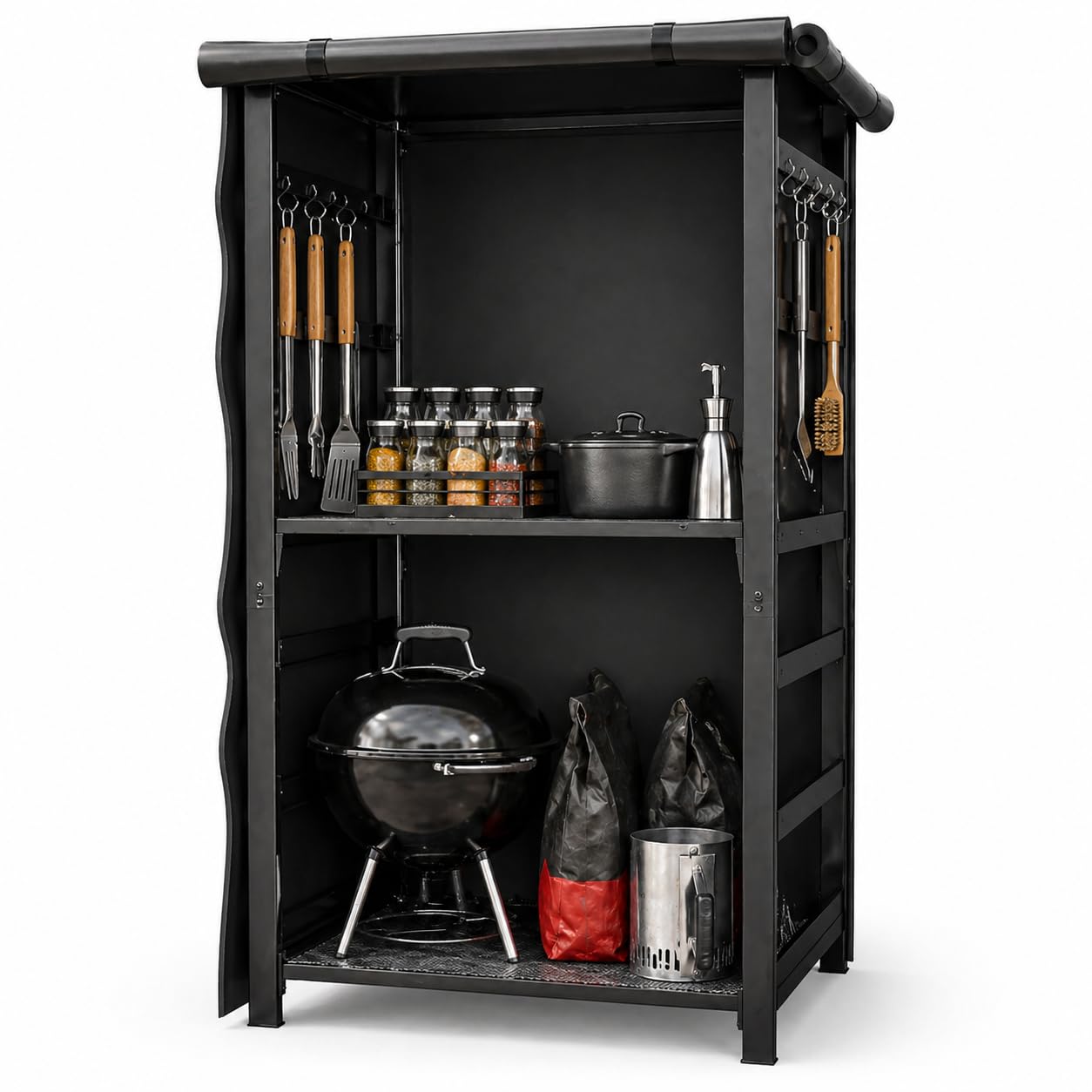 53 inch Multi-Purpose Outdoor Storage Organizer for Air Fryers, BBQ Tools and Gardening Gear – Heavy Duty Metal Utility Shelf with Adjustable Layers, Double Side Hooks and Compact Patio Design