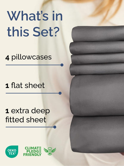 Skiennix Extra Deep Queen Sheet Set | 6-Piece Breathable Cooling Bedding - Soft, Wrinkle-Free Grey