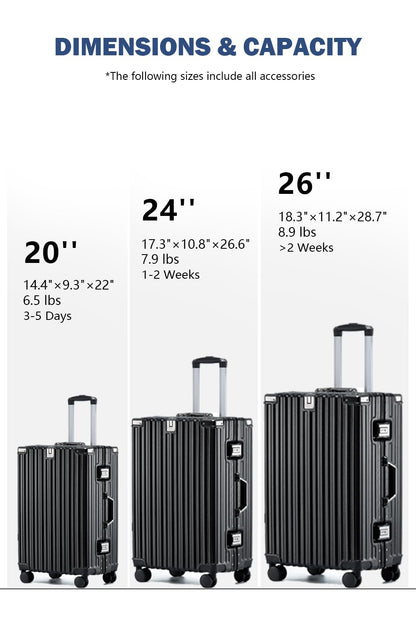 HotWay 26 Inch Aluminum Frame Luggage with Spinner Wheels, PC Hard Shell Suitcase with Cup Holder, Zipperless Luggage for Business Travel, Black