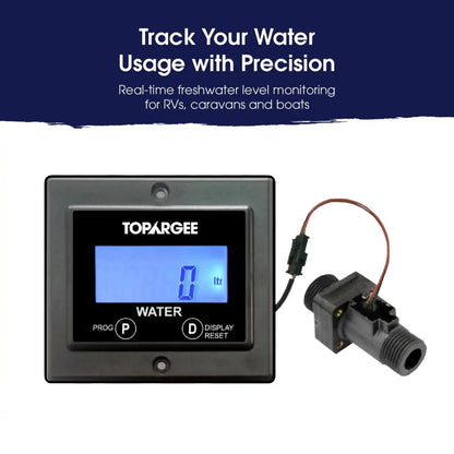 Topargee Flush Mount Water Tank Gauge - Real-Time RV, Caravan & Boat Accessory Water Level Monitor - Accurate Flow Meter (Liter/Gallon) - Backlit LCD Display - Easy Install, No Tank Insertion Required