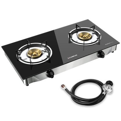 CAMPLUX 2 Burner Propane Stove, LPG Tempered Glass Auto Ignition Double Burner Portable Gas Stove Top, 19,000 BTU Propane Cooktop for Camping, CSA Regulator & Hose Included, estufa de gas portatil