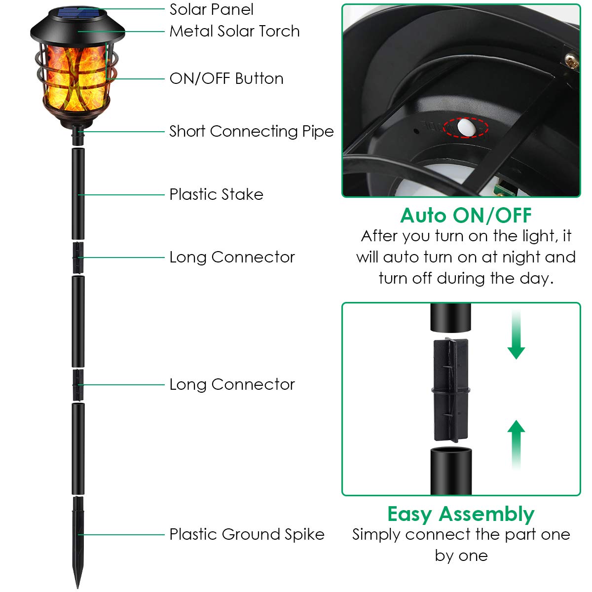 TomCare Solar Outdoor Lights Metal Flickering Flame Torches Waterproof Heavy Duty Pathway Landscape Lighting Dusk to Dawn Auto On/Off for Garden Patio Yard, 4 Pack