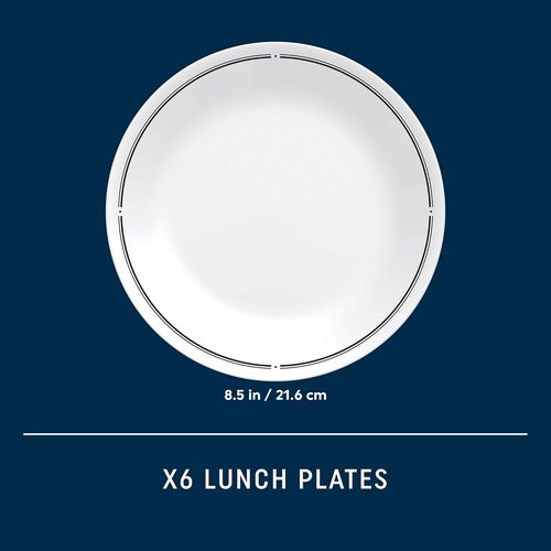 Corelle 6-Piece Round Lunch Plates - Lightweight Vitrelle Glass, Chip & Scratch Resistant, Dishwasher Safe | Brasserie Design