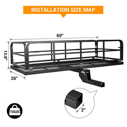 750 LBS Heavy Duty Folding Hitch Cargo Carrier, 2" Hitch Receiver Rear Luggage Rack Basket for SUV, Pickup Truck, Camping & Travel, 60" x 24" x 13.8", Black