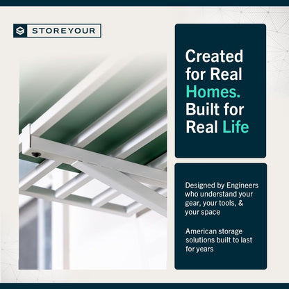 StoreYourBoard Garage Shelving Wall Mounted | 1x4 Heavy Duty Garage Wall Shelves 2-Pack, 12” Deep x 46.5” Long | Steel Wall Shelf Garage Storage Rack with Hooks, 200 lb Each / 400 lb Total, White