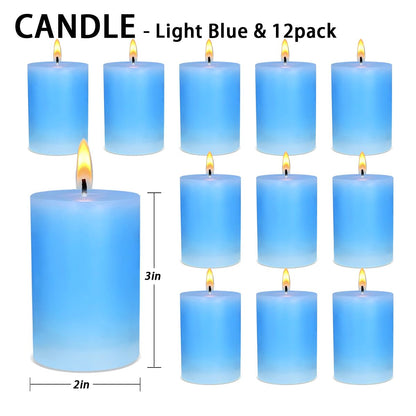Pillar Candles, 2x3 Inch Blue Pillar Candles, 12 Pack of Unscented Pillar Candles for Home, Weddings, Parties and Tables, Burns 24 Hours