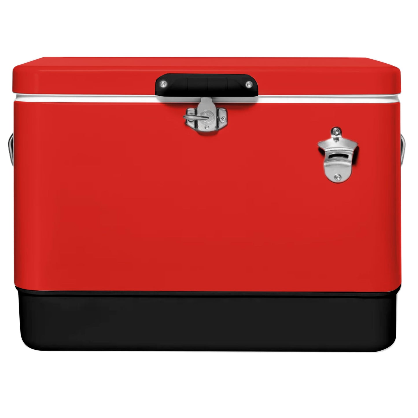 FSE Hard-Sided 54 Qt Metal Cooler, 80 Can Vintage Ice Chest, Durable Two-Tone Design with Latch Lid, Built-in Bottle Opener, Plastic Liner & Side Handles, Red/Black