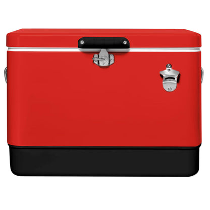 FSE Hard-Sided 54 Qt Metal Cooler, 80 Can Vintage Ice Chest, Durable Two-Tone Design with Latch Lid, Built-in Bottle Opener, Plastic Liner & Side Handles, Red/Black