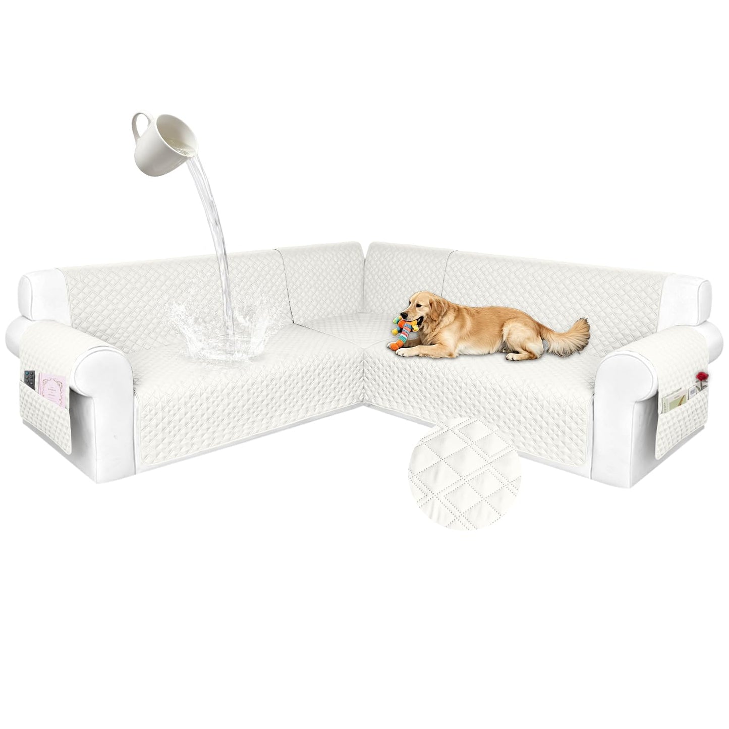 HYZOTEX Waterproof Sectional Couch Cover for Dogs, Extra Large L Shape Corner Sofa Cover, Non-Slip Washable U Shaped Sofa Slipcovers Furniture Protector (XX-Large, Ivory White)