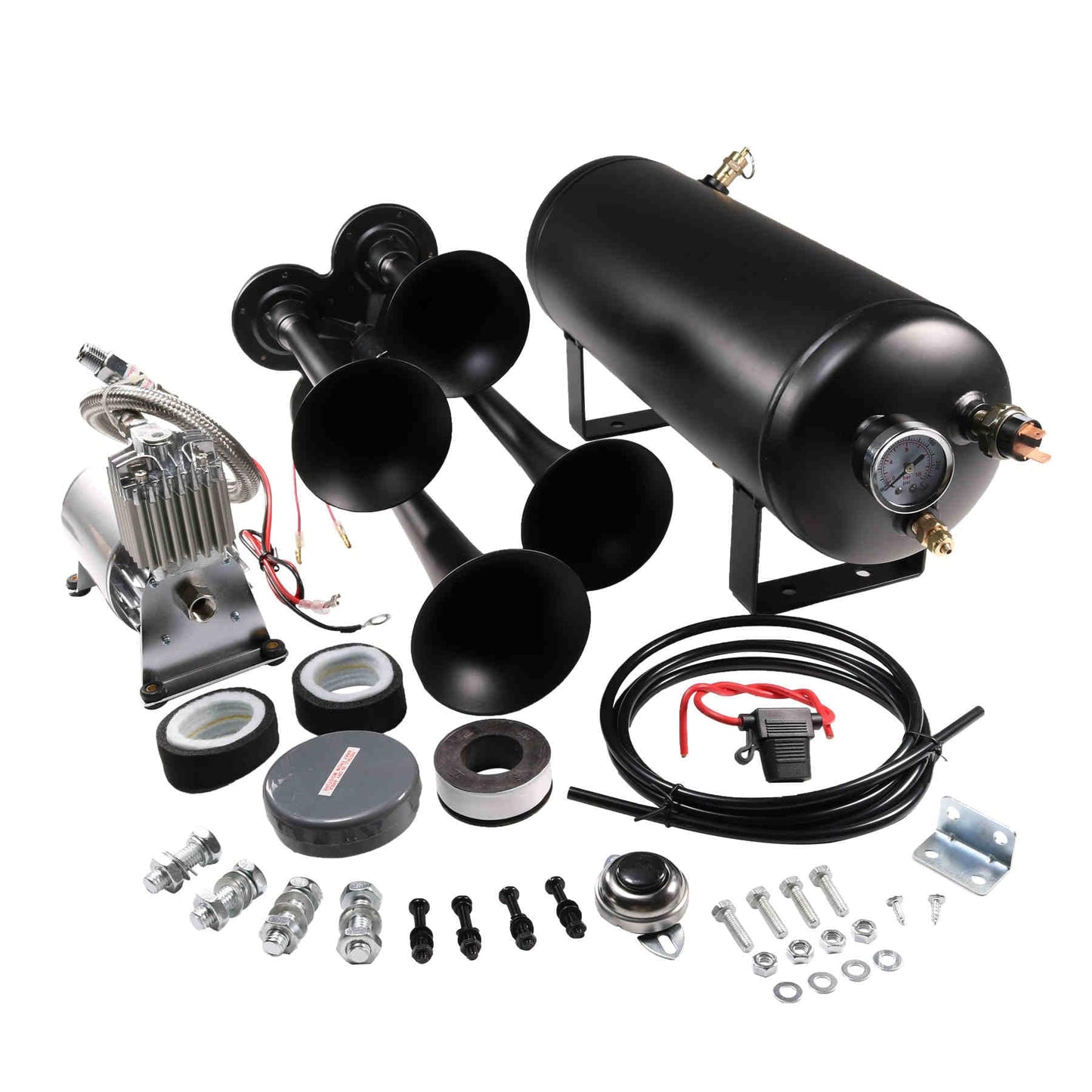 12V 4 Trumpets Train Horn Kit 150psi Complete Onboard System 150psi Air Compressor 1.5 Gallon Air Tank 4 Trumpets Fits Any Vehicle Truck Car Semi Pickup Replacement for Jeep RV SUV Super Loud dB