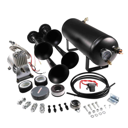12V 4 Trumpets Train Horn Kit 150psi Complete Onboard System 150psi Air Compressor 1.5 Gallon Air Tank 4 Trumpets Fits Any Vehicle Truck Car Semi Pickup Replacement for Jeep RV SUV Super Loud dB