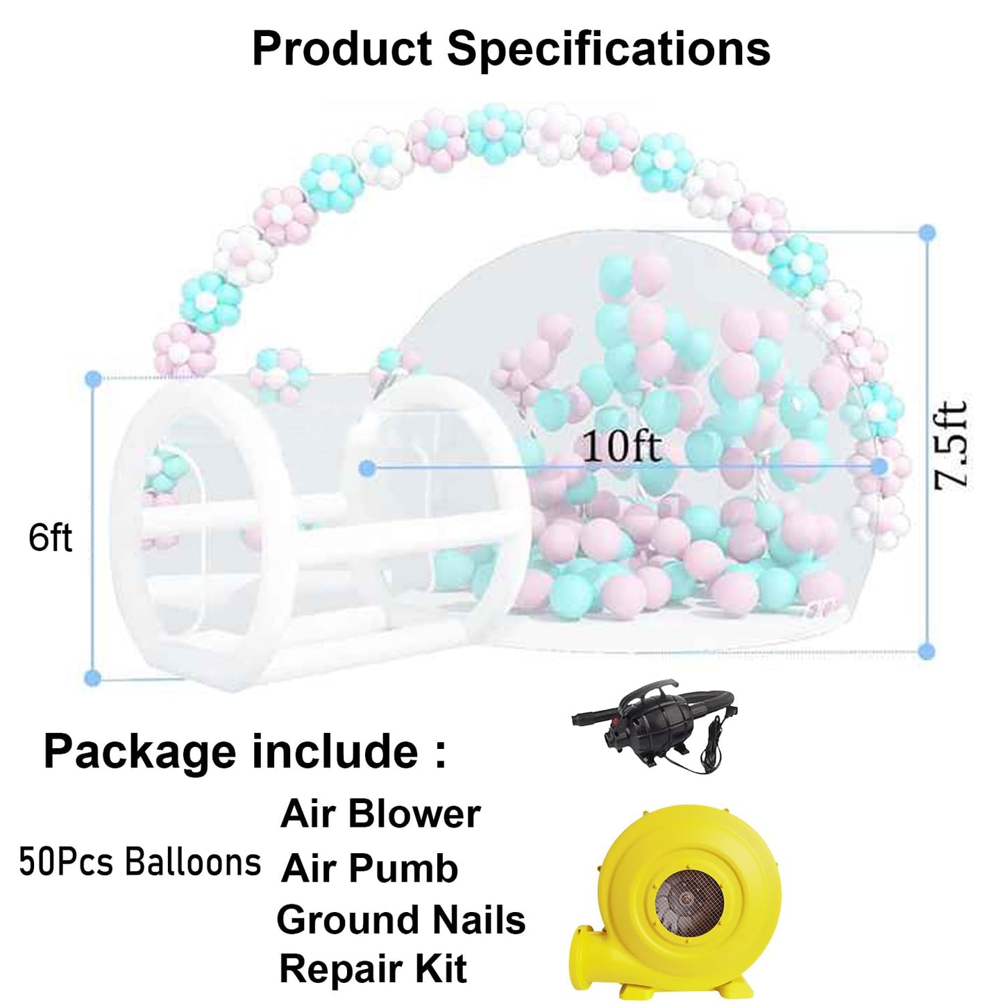 10FT Inflatable Bubble House Dome for Kids, Clear PVC Bubble Tent with Tunnel, Bubble Balloon House with 750W Air Blower, 600W Air Pump with 50pcs Balloons Inflatable Dome for Party
