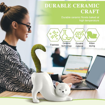 HKZTUY Ceramic Cat Planter Pot for Succulents and Cactus, Small Indoor Kitty Flower Pot with Drainage Hole, 5.71 x 2.95 x 3.86 in, Cute Desk Shelf Home Office Decor, White