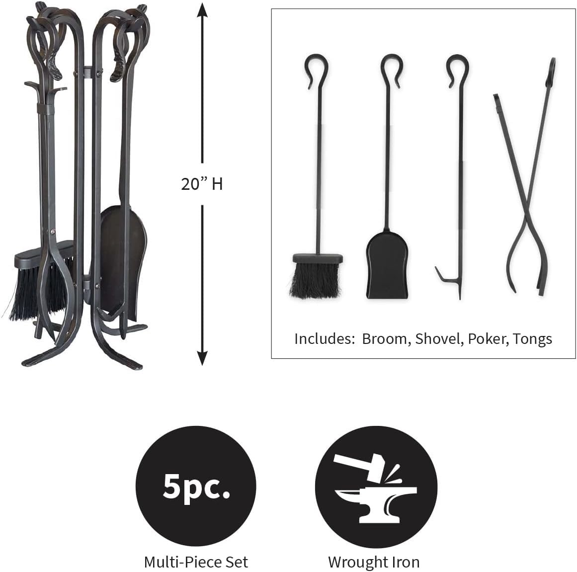 Plow & Hearth 5 Piece Hand Forged Iron Compact Fireplace Tool Set 20" | Black Wrought Iron Handle for Outdoor Indoor | Stand Poker Shovel Brush Log Tongs Wood Stove Accessory