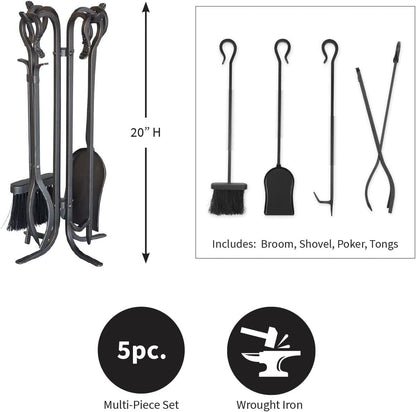 Plow & Hearth 5 Piece Hand Forged Iron Compact Fireplace Tool Set 20" | Black Wrought Iron Handle for Outdoor Indoor | Stand Poker Shovel Brush Log Tongs Wood Stove Accessory
