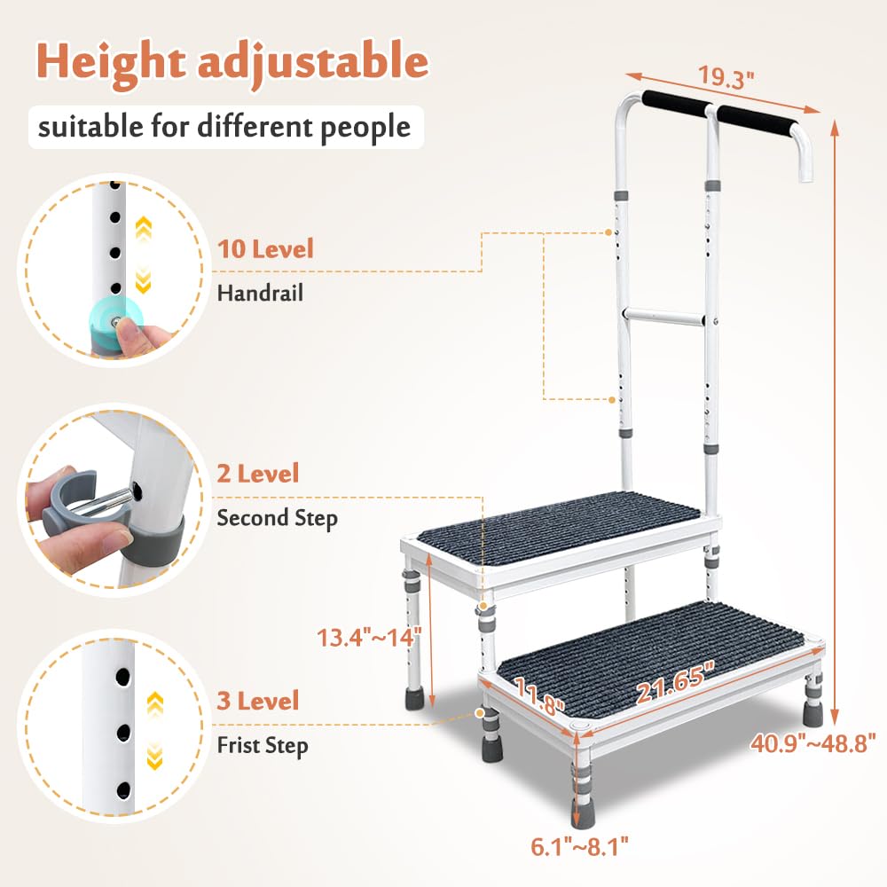 Mybow Stepping Stool for Adults, Two Step Stool with Handle, Mobile Home Stairs, SUV Car RV Steps with Handrail, Medical Step Ladder for Handicap, Heavy Duty Step Up Platform, Adjustable Foot Stool